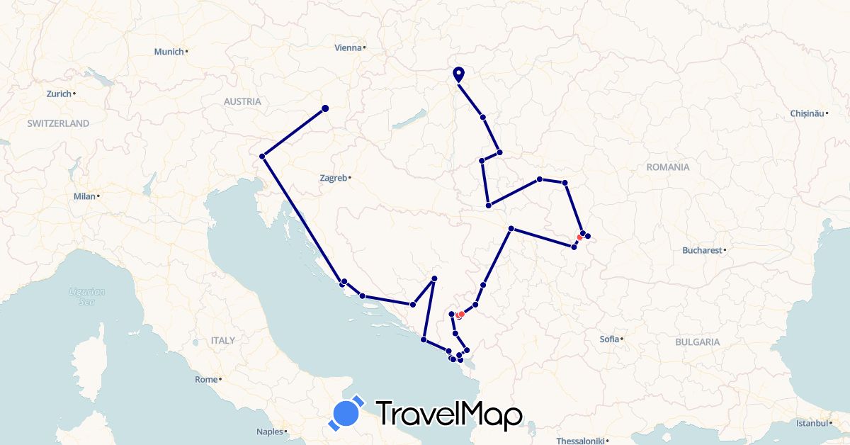 TravelMap itinerary: driving, hiking in Austria, Bosnia and Herzegovina, Croatia, Hungary, Montenegro, Romania, Serbia, Slovenia (Europe)